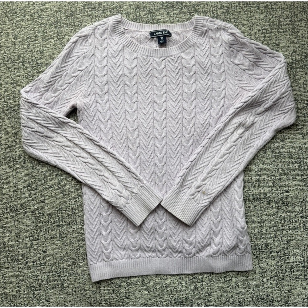 Lands End Purple Cable Knit Cotton Sweater Crew Neck Classic Preppy Fisherman XS